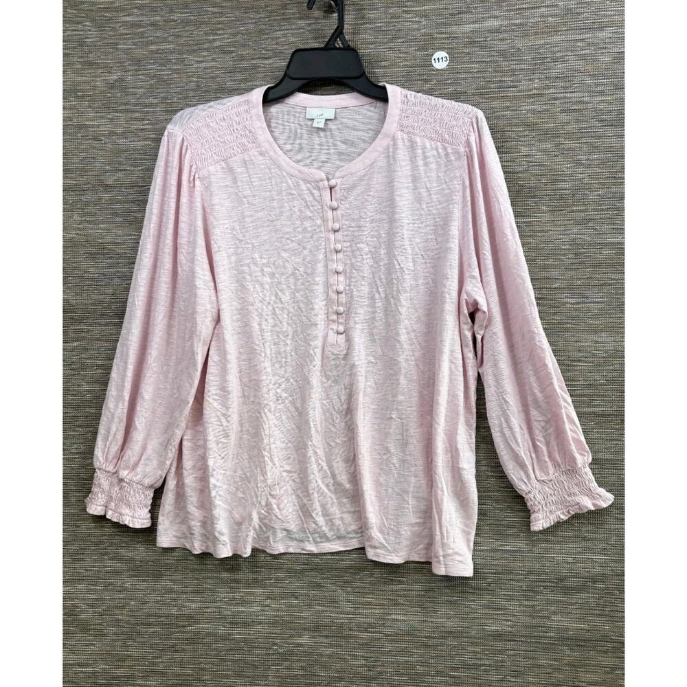 J Jill Tunic Top Size 2X Pink Slub Knit Smocked Cuff Henley Neck